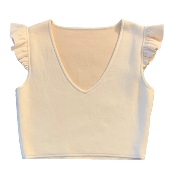 CLUB MONACO- REVERSIBLE Ruffle shoulder Crop Top - Picture 3 of 5